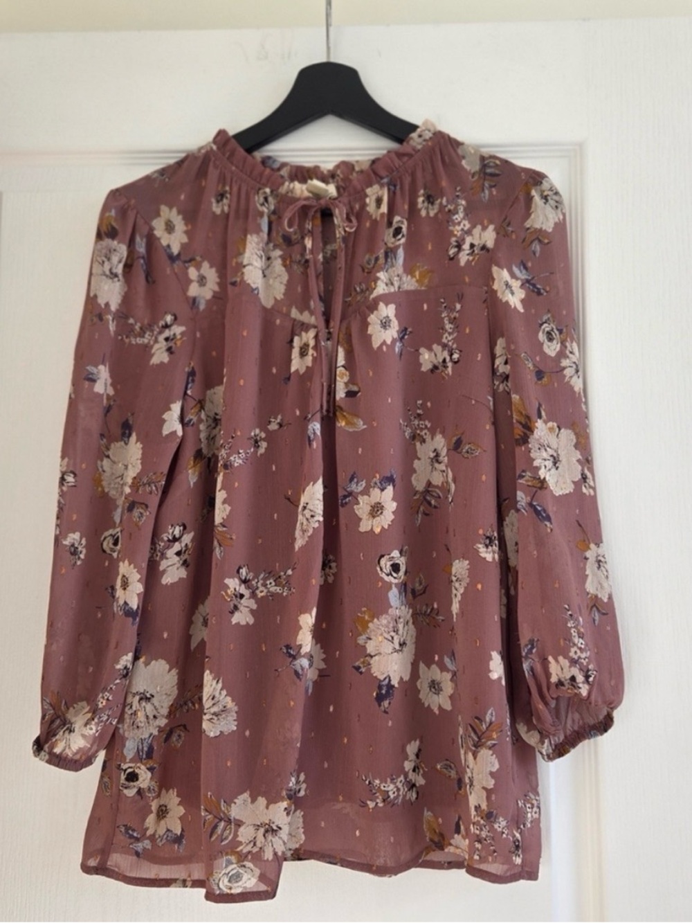 Faith and Joy Dusty Rose Floral Tie-Neck Blouse